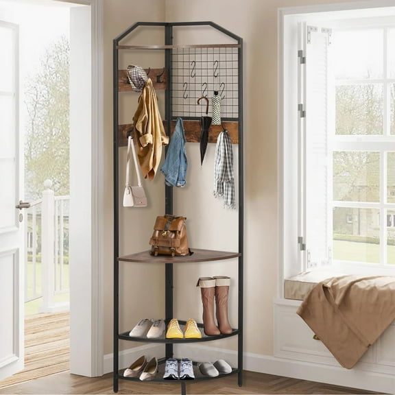 XXLYY Corner Coat Rack with Shoe Storage, Multifunctional Entryway Corner Shoe Rack with 14 Metal Hooks, Freestanding Corner Hall Tree Shelf Organizer for Home Office Bedroom