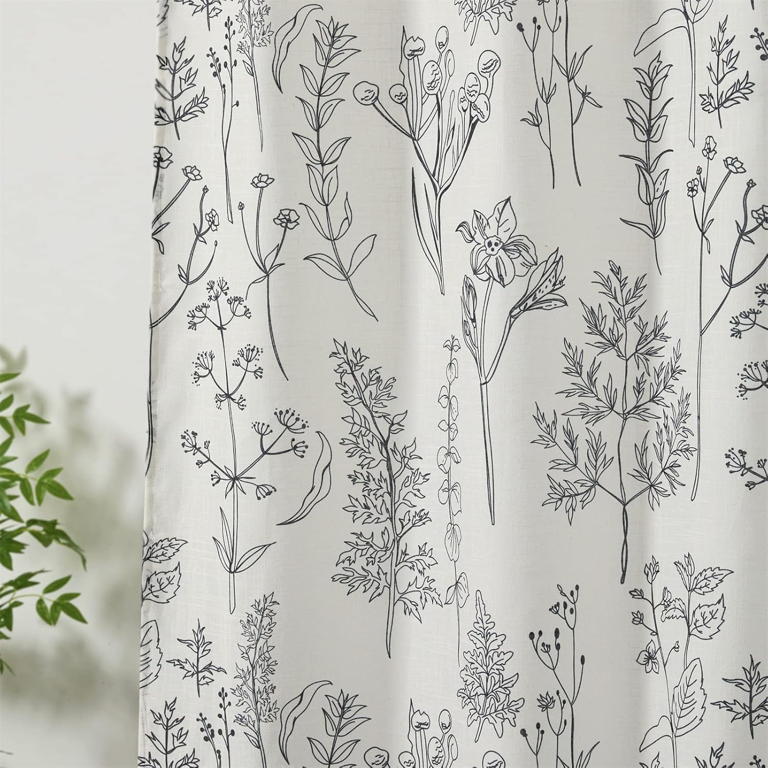 Vintage Botanical Linen Shower Curtain for Bathroom in Black and White, Heavy Duty 180GSM Textured Fabric Shower Curtain Set Cute Plant Leaves Design, Modern Farmhosue Boho Floral Bathroom Decor