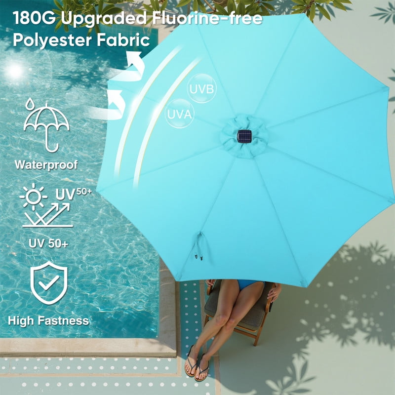 Gianna 10ft Solar Polyester 32 LED Lighted Patio Umbrella with Tilt Adjustment and UV-Resistant Fabric,Lake Blue