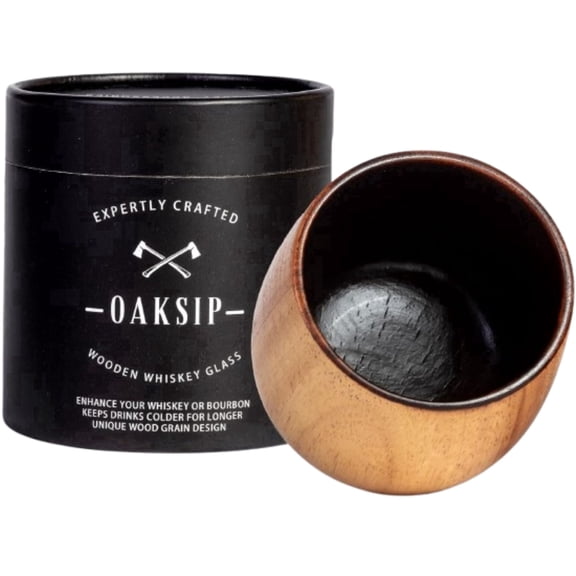 Oaksip Wooden Whiskey Glass, Drinking Glass for Bourbon Whiskey, Charred Oak Cup (1 Pack)