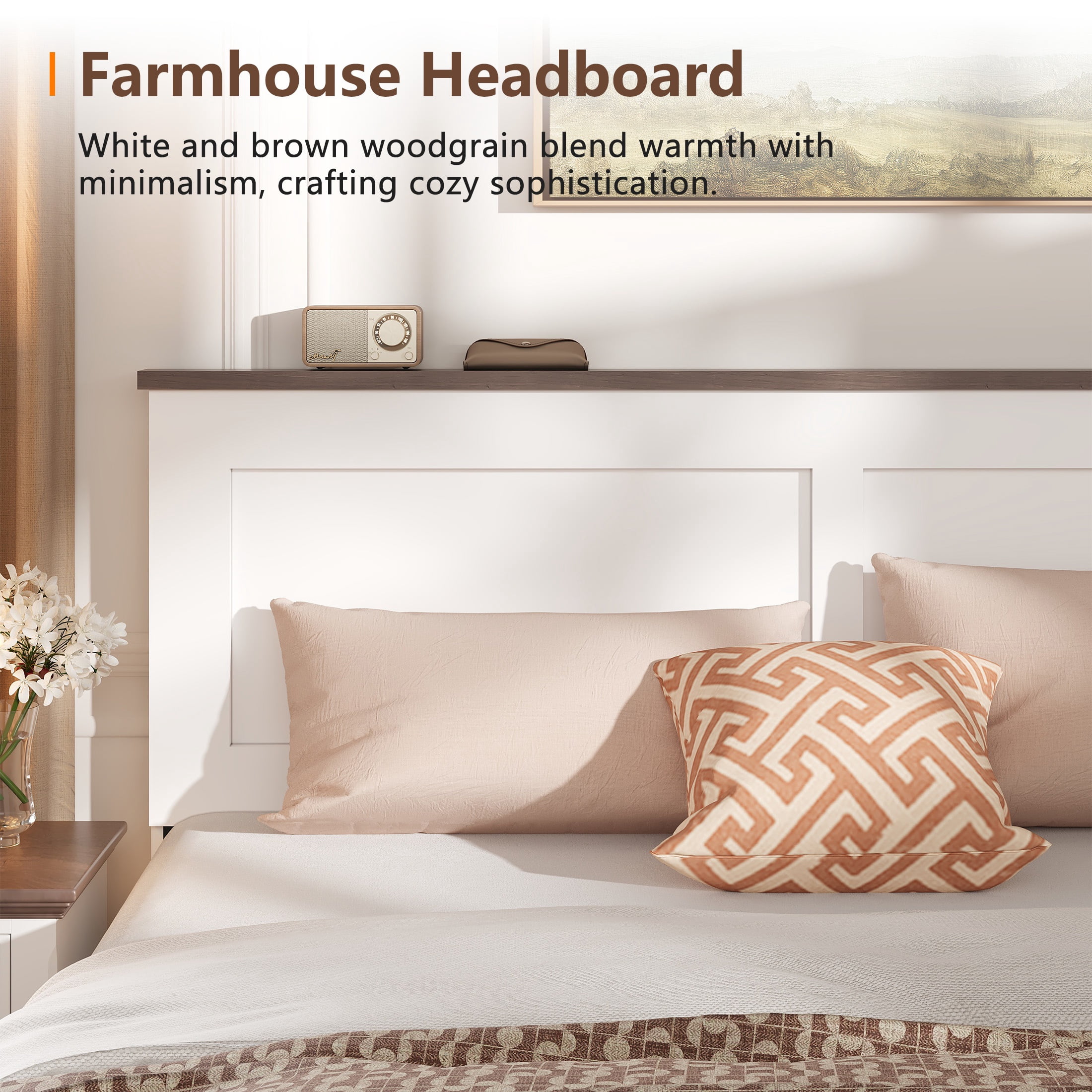 UHOMEPRO Full Size Bed Frame, Wood Platform Bed with Headboard and Footboard, Full Bed Frame with Wooden Slats, Holds 500lbs, Easy Assembly, No Box Spring Needed, Brown and White