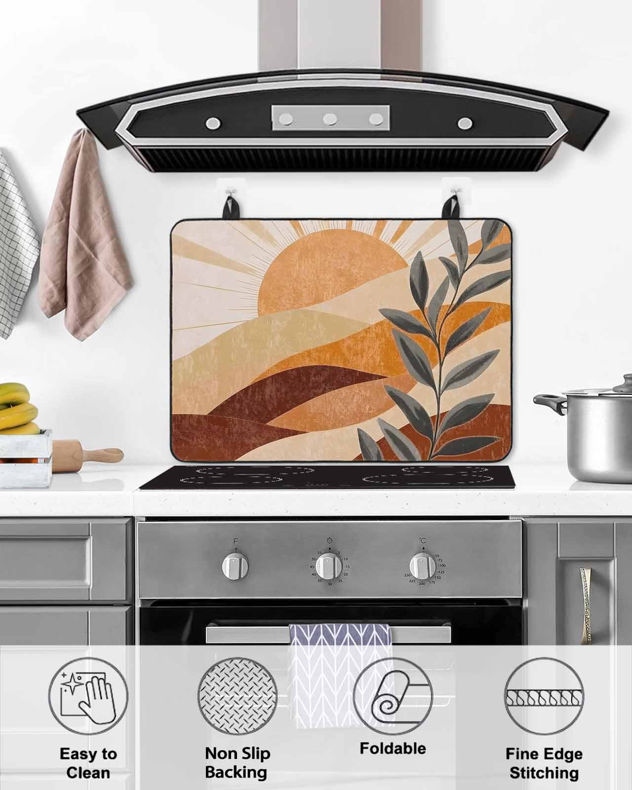 nqOlkjepod Large Induction Cooktop Protector Mat 24"x21", Brown Stove Top Covers for Electric Stove, Modern Abstract Art Summer Botanical Aesthetics Stove Burner Cover Mats, Glass Top Stove Cover