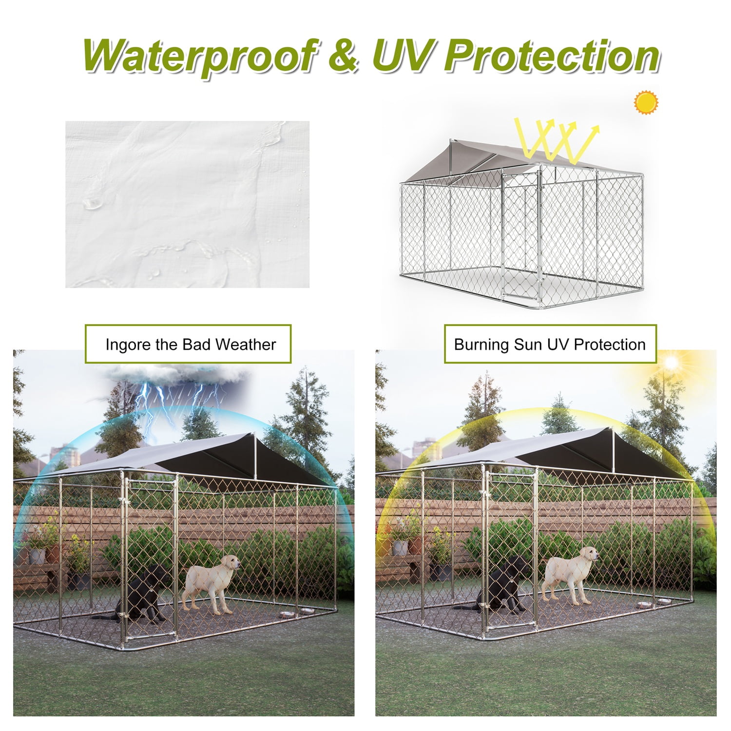 DetalleGo Large Outdoor Dog Kennel, Heavy Duty Galvanized Steel Dog Enclosure with Waterproof UV-Resistant Cover, Lockable Door Chain Link Playpen for Small to Large Pets (157" L x 90" W x 91" H)