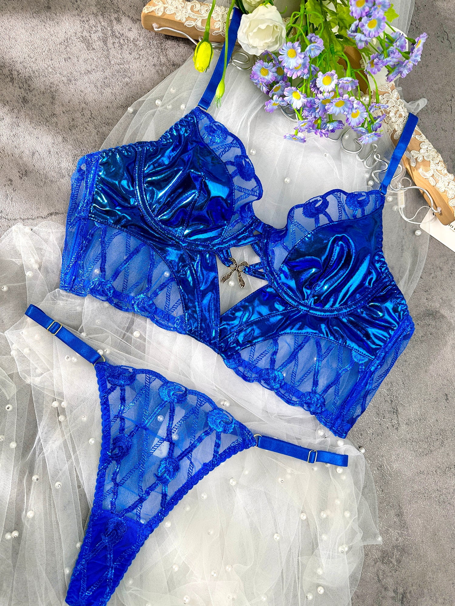 Midnight Blue Leather Lace Embellished Lingerie Set (BLUE, M)