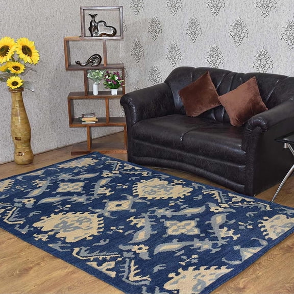 HAND KNOTTED WOOL FLORAL MODERN AREA RUGS - 9'x12', Rectangle Shape, Blue Color, Classic Traditional Design, Low Pile Handmade Area Rugs for Living Room, Bed Room (N00908)