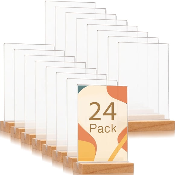 Vinsot 24 Pack 5 x 7 Inch Clear Acrylic Sign with Wood Base T Shape Sign Holder Vertical Blank Stands Desktop Display Plastic Menu Frame Double Sided