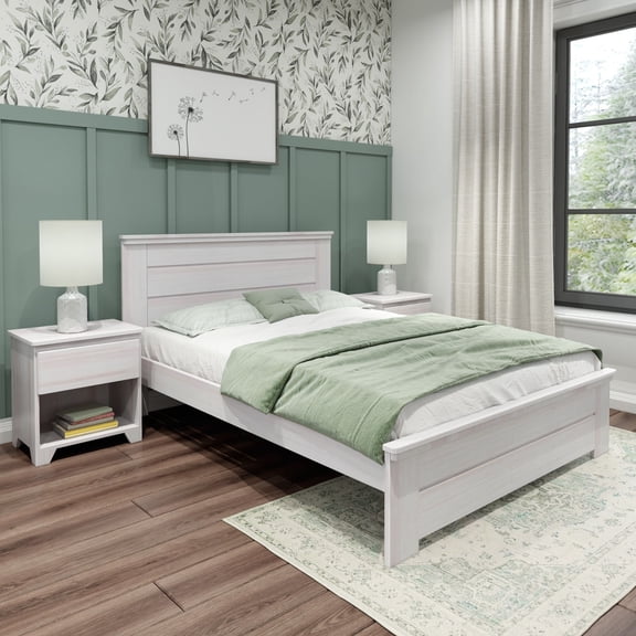 K/D Queen Bed Panel 7 slats w/ metal support bar, White Wash