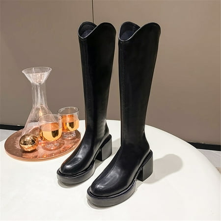 

Women‘s Chunky Heeled Knee High Boots Solid Color