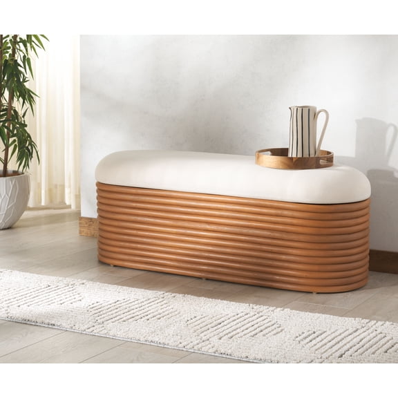 Safavieh Couture Bayard Rattan Storage Upholstered Bench, Natural/White
