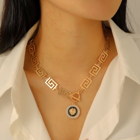 Lulena Vintage Greek Key Medallion Pendant Choker Necklace, 14K Gold Plated Interlocking Geometric Chain Coin Drop Neck Jewelry for Women Retro Statement Collar Necklace