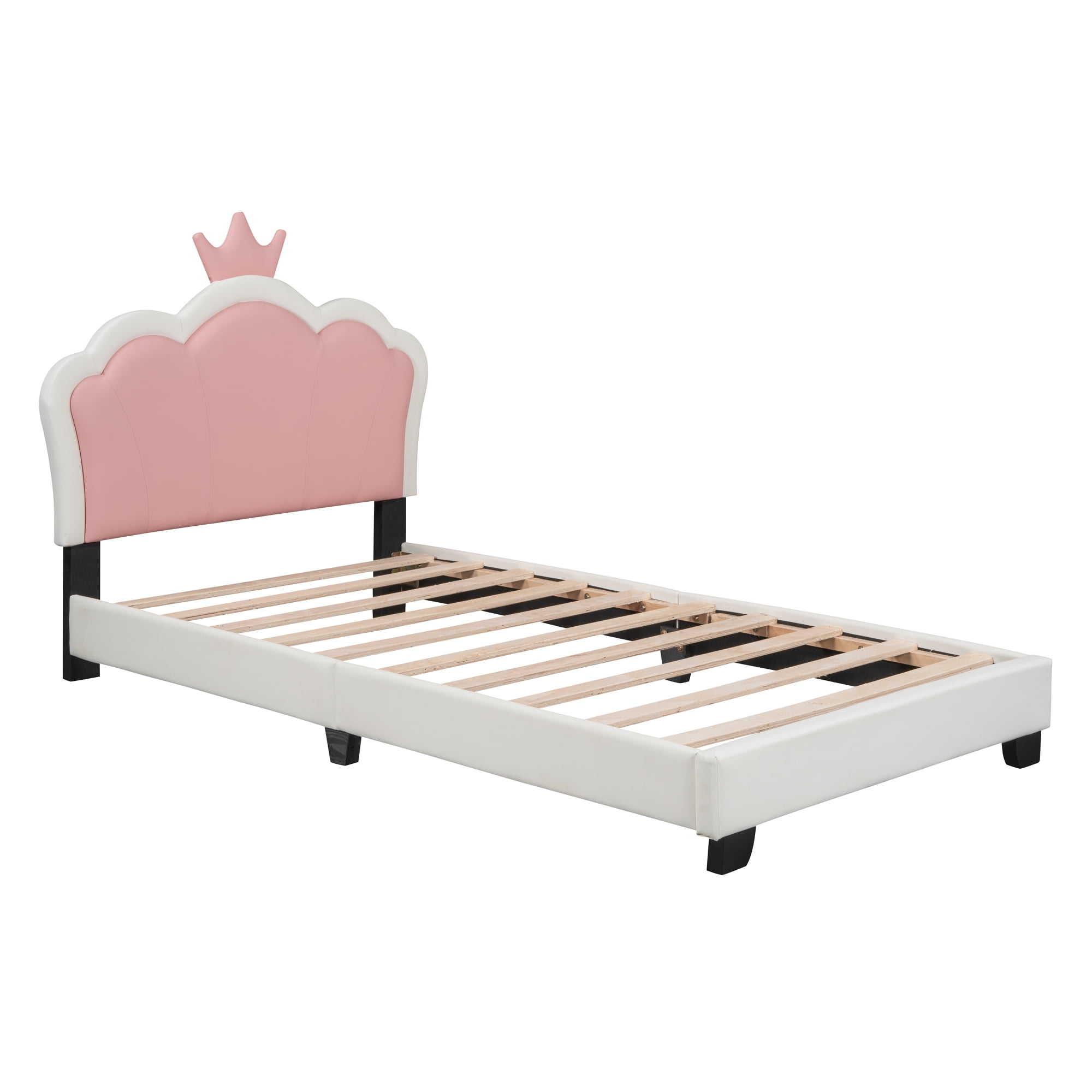 Euroco Wood Twin Size Platform Bed with Crown Headboard and for Kids, White