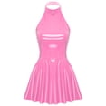 thumbnail image 3 of TiaoBug Womens Wet Look Patent Leather Dress Sleeveless Halter A-line Cocktail Club Mini Dress Pink XL, 3 of 7