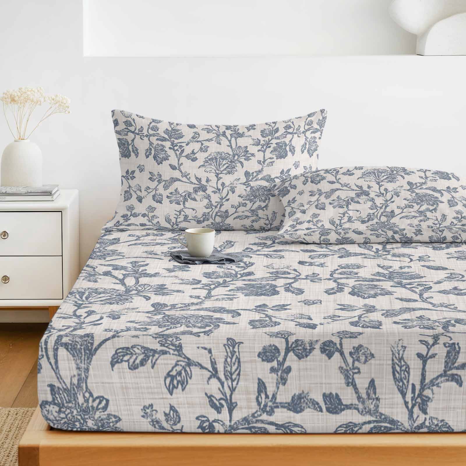 King Size Fitted Sheet Set - Farmhouse Blue Floral 3 Piece Bedding Sets 16" Deep Pocket Fitted Sheet with 2 Pillowcases, Vintage Botanical Leaves Burlap Brushed Microfiber Hotel Luxury Bed Sheets