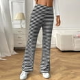 thumbnail image 5 of Women's Striped Flared Ribbed Knit Pants Low Waist Wide Leg Trousers Elastic Waist Casual Loungewear Trousers, 5 of 7