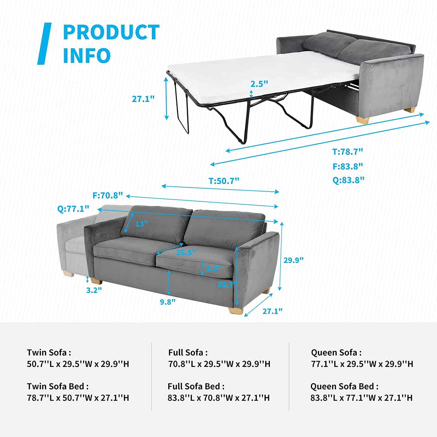 Mjkone Pull Out Sofa Bed Sleeper With Memory Foam Mattress 2 In 1 Couch