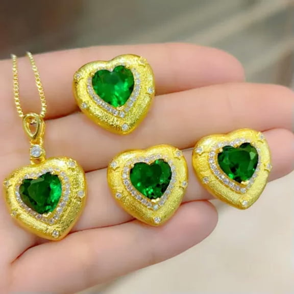 QQTDFG Valentine's Day Gift 24K Yellow Gold Plated Zircon Heart Necklace Earrings Ring-Green Necklace Earring Ring Set