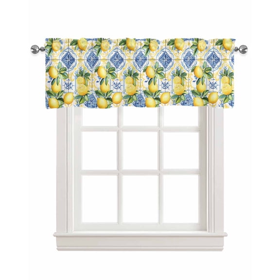Botanical Lemon Kitchen Valances for Windows Farmhouse Linen Window Valance Curtain for Living Room Window Treatment Spring Countryside Floral Blue Tile Valance Rod Pocket Topper Drape, 42 x 12 Inch