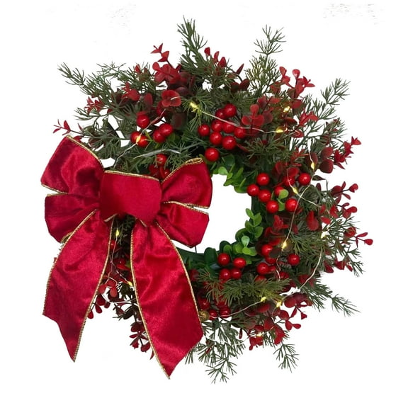 geerera Prelit Christmas Wreaths for Front Door with Bow & Berries for Door Home Wall Outdoor Decor
