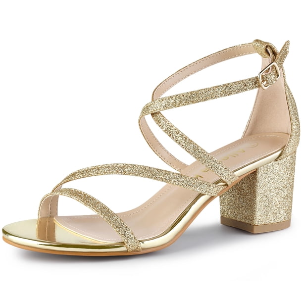 Sandalias Correa Entrecruzada Tacones Gruesos Brillantina Para Mujeres Allegra K Oro 39
