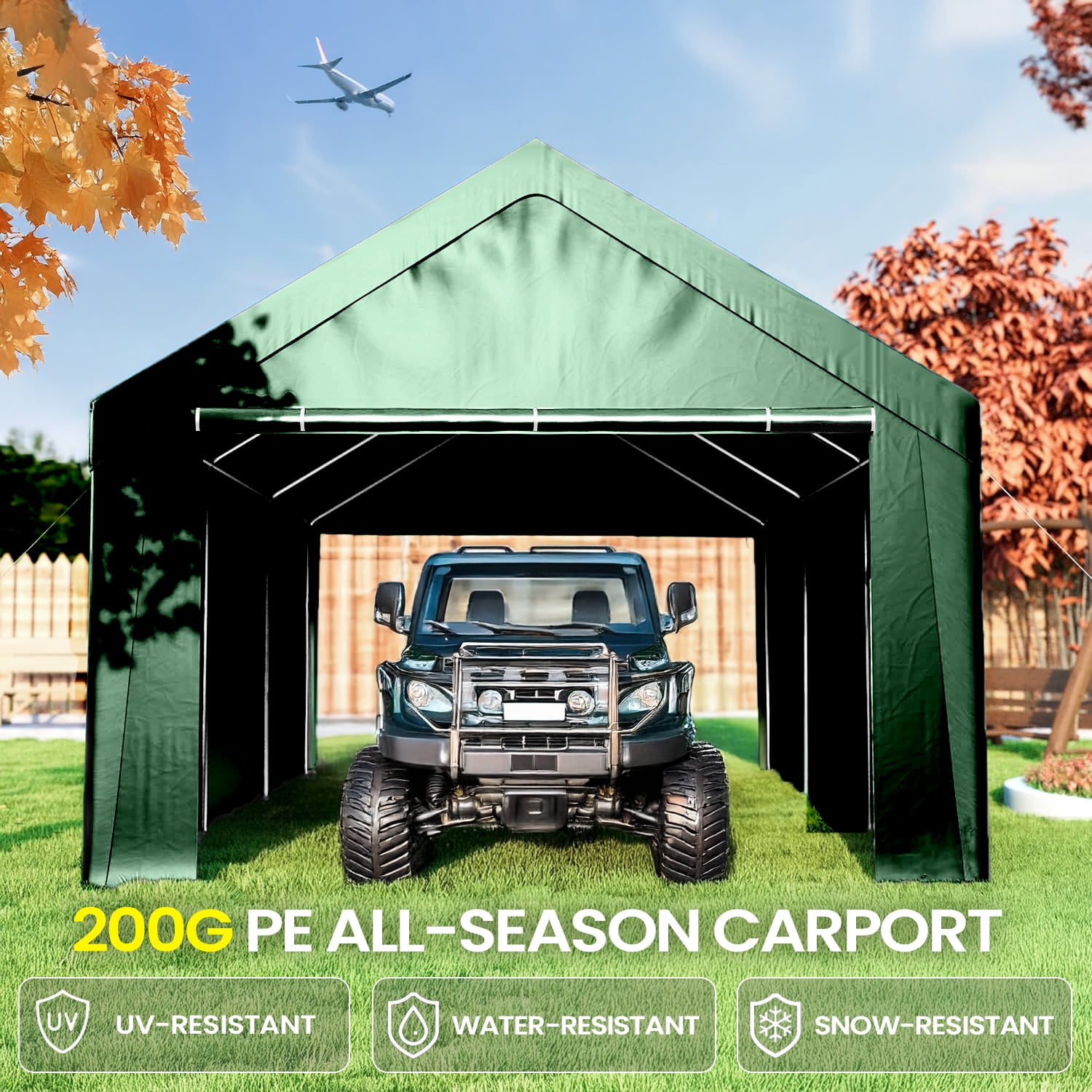 ECOLINEAR Carport 10x20 ft Heavy Duty Carport, Outdoor Potable Garage with Removable Sidewalls & Zipper Doors, Carport Canopy Anti UV All-Season Waterproof Tarp,Car Canopy for Cars,Boats,Green