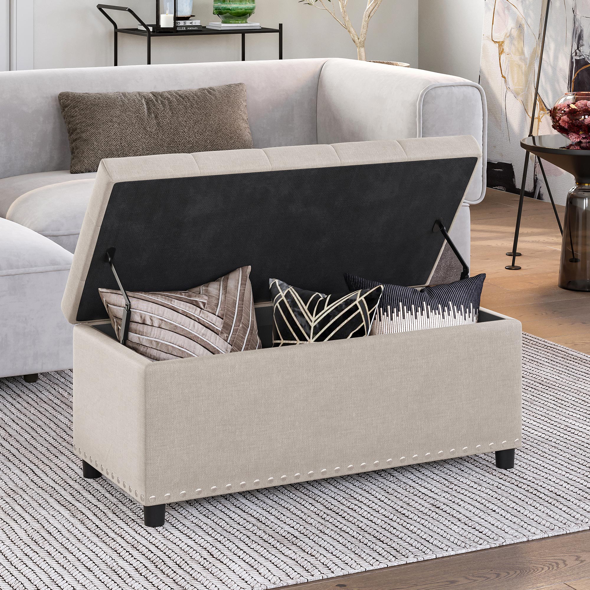 Belleze 35 Inch Button-Tufted Storage Ottoman, Beige photo 4