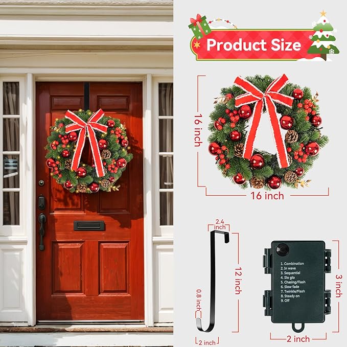 Qoosea 16-Inch Pre-Lit Christmas Wreath with LED Lights photo 3