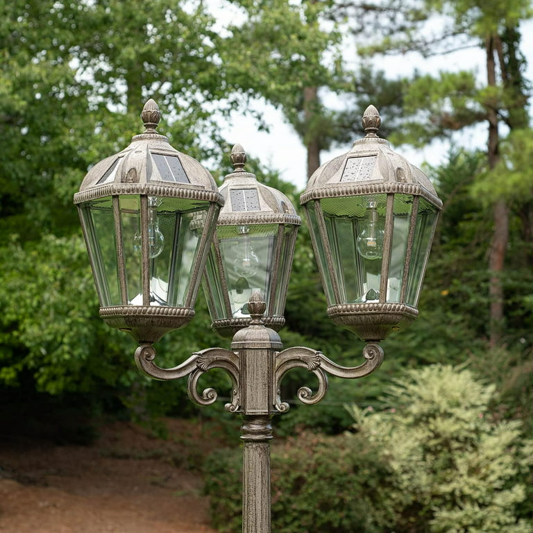 Royal Bulb Solar Lamp Post - w/GS Solar Light Bulb - Triple Lamps -  Weathered Bronze - Light Bulb Surplus
