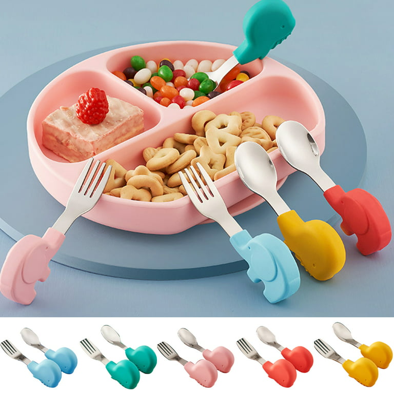 Travelwant 2Pcs/Set Kids Utensils Stainless Steel Baby Fork and Spoon Safe Travel Toddler Utensils Set Kids Cute Baby Flatware with Round Silicone