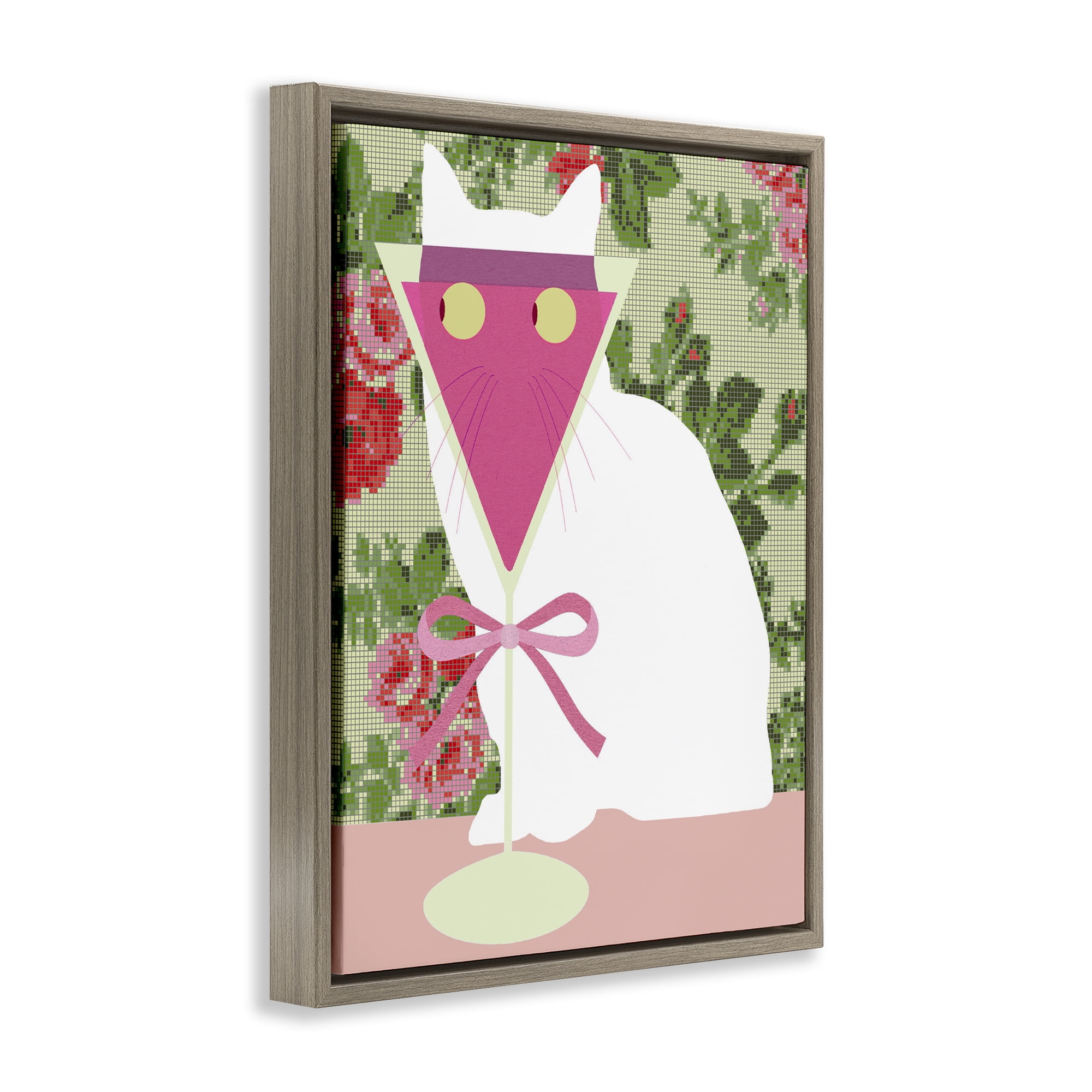 Stupell Industries White Cat with Pink Martini Brown Framed Floater Canvas Wall Art, design by Lil' Rue