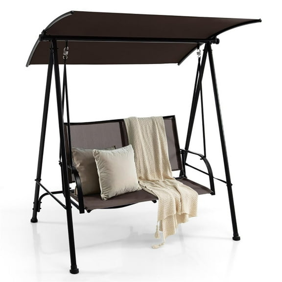 Spaco 2-Seat Outdoor Patio Canopy Swing with Comfortable Fabric Seat and Heavy-duty Metal Frame for Garden, Balcony, Poolside, Brown