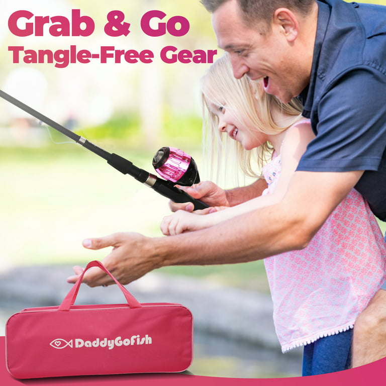 DaddyGoFish Kids Fishing Pole – Telescopic Rod & Reel Combo with Collapsible Chair, Rod Holder, Tackle Box, Bait Net and Carry Bag for Boys and Girls