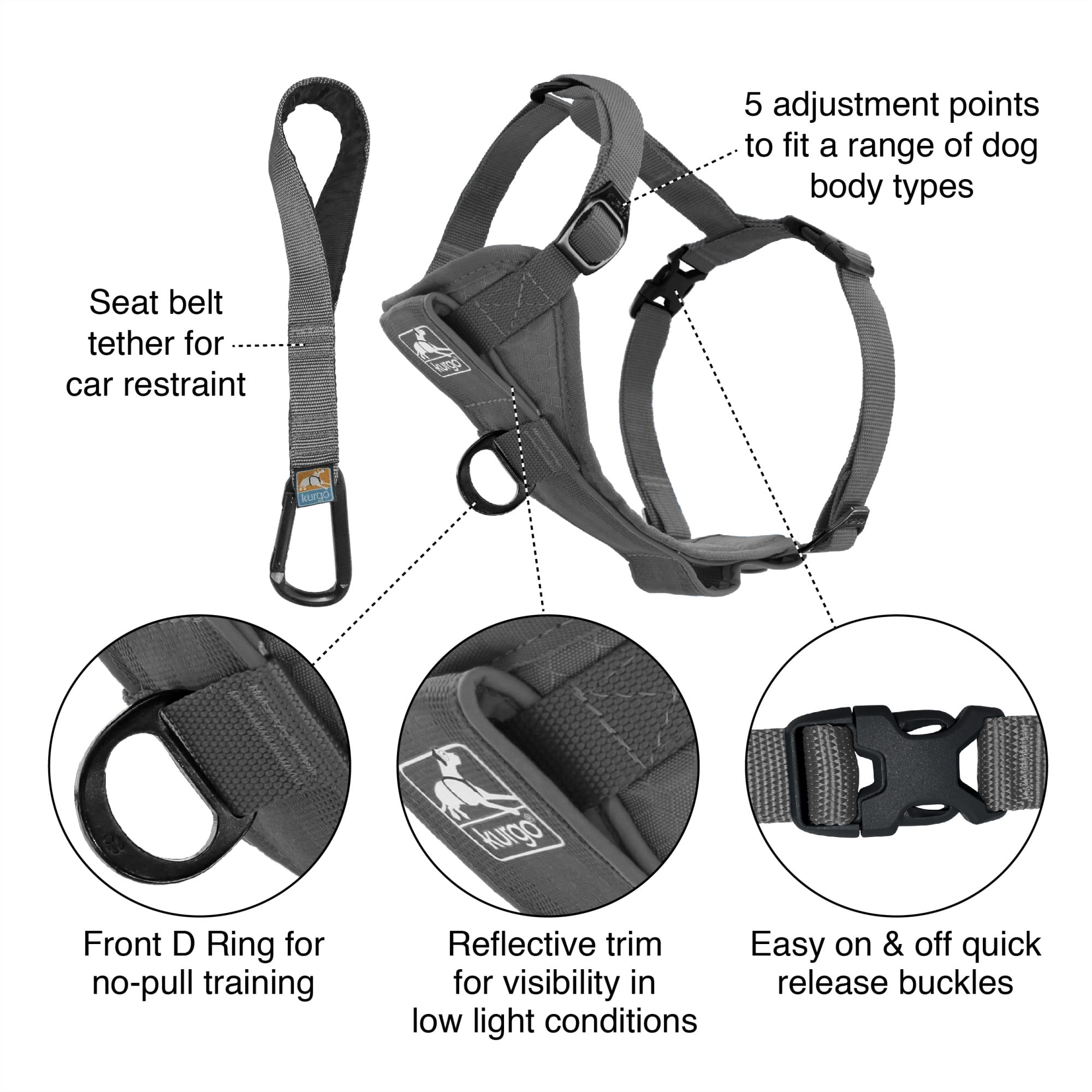 Kurgo Tru-Fit Smart Harness, Dog Harness, Pet Walking Harness, Quick Release Buckles, Front D-Ring for No Pull Training, Includes Dog Seat Belt Tether (Grey, Small)