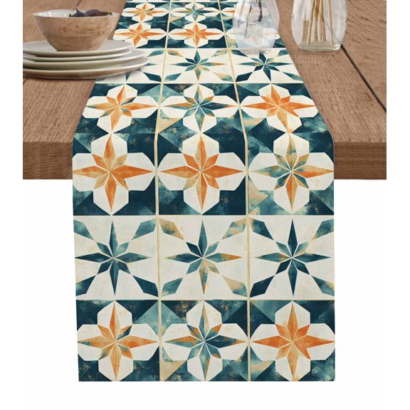 Hokiten Table Runners 36 Inches Long Dress Scarves, Teal Orange Geometric Farmhouse Kitchen/Dining Table Runner, Short Coffee Tablerunners, Vintage Chic Abstract Checked 13x36 Inch