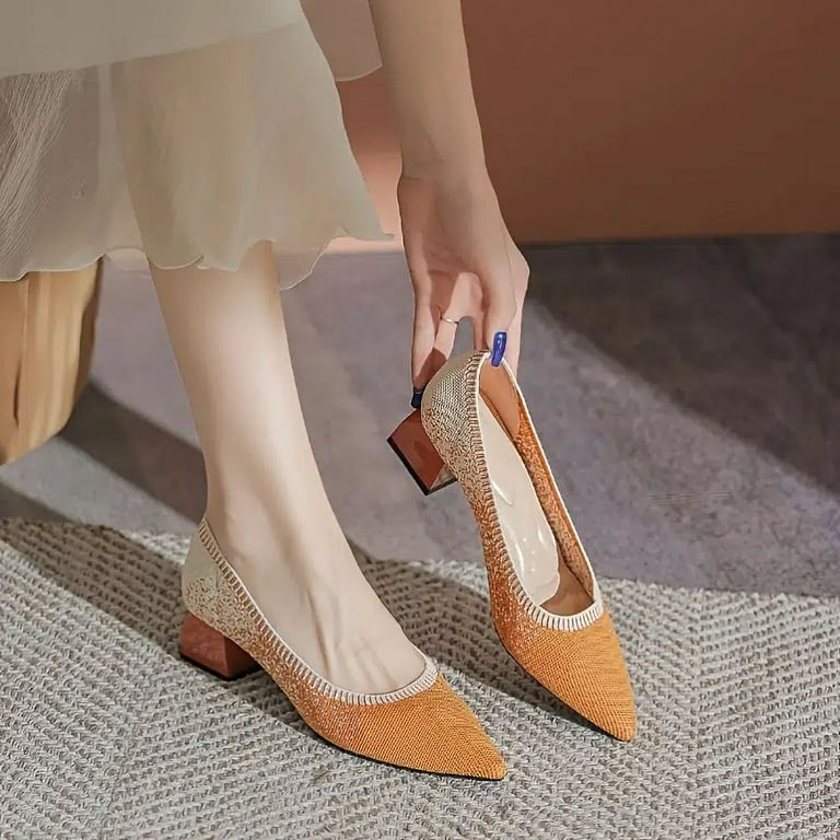 Women s Pointed Toe Chunky Heel Pumps Low Heel Knit Shoes