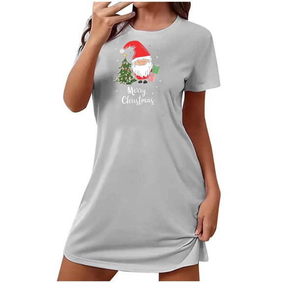 Uootdi Nightgown for Woman Christmas Short Gift Sleeve Night Dress Christmas Printed Sleep Shirt Cute Holiday Sleepwear Soft La dies Nightwear