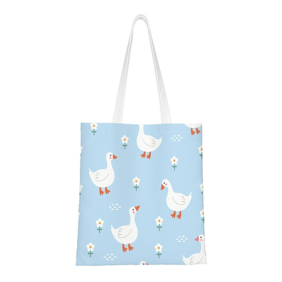 Novelty Canvas Tote Shopping Bag for Women Cute Goose With Camomile Flowers Reusable with Handles Shopping Bag