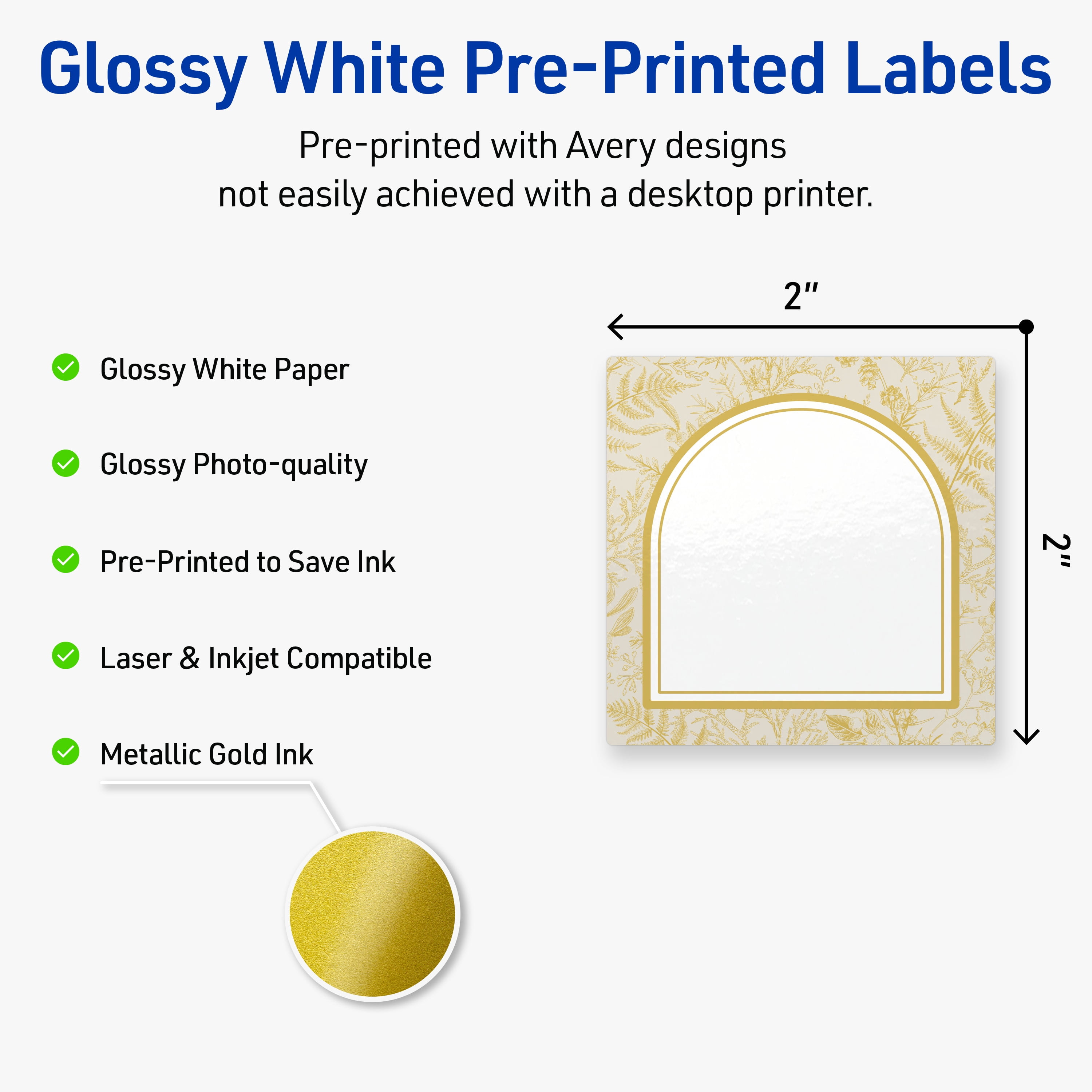 Avery Square Labels, 2" x 2", Gold Arch Florals Design, Glossy