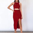 thumbnail image 2 of Sngxgn Women's Summer Bodycon Casual Midi Sleeveless Hollow Out Knit Side Slit Striped Long Tank Dress(Red,L), 2 of 5