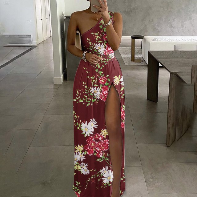 Lenago Robe Sans Manches Grande Taille pour Femmes Mode Décontractée Été Robe Imprimée à une Épaule Fendue Robes de Plage d'Été en Liquidation