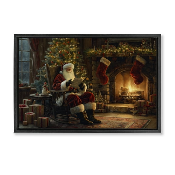 Stupell Industries Santa Claus by Fire Holiday Painting Black Floater Framed Canvas Art Prints Wall Art, 25 x 17