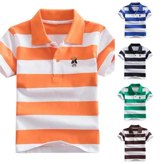 VNKIDY Toddler Kids Boys Polo Collar Wide Horizontal Stripe Cartoon Embroidery Short Sleeve Polo Shirt Soft Summer Daily Casual Rugby Tops For Child Leisure Tops Orange 6-7 Years