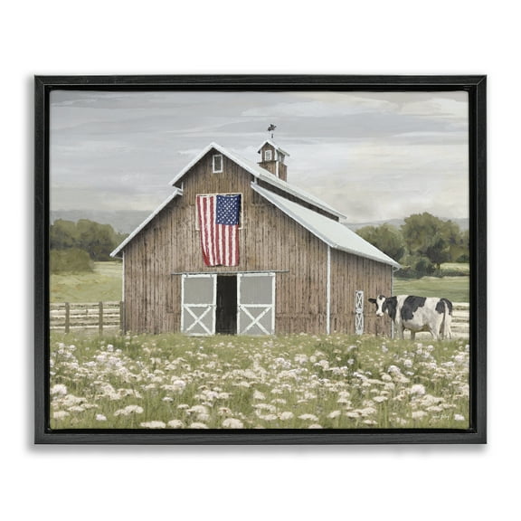 Stupell Industries Patriotic Barn & Cow Landscape & Nature Painting Black Floater Framed Canvas Art Print Wall Art, 21 x 17