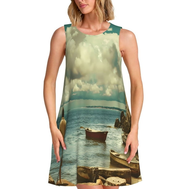 Balery Serene Coastal Blue Sky Vestidos de verano para mujer con estampado: vestido holgado sin mangas, vestido playero informal y cómodo para días calurosos.