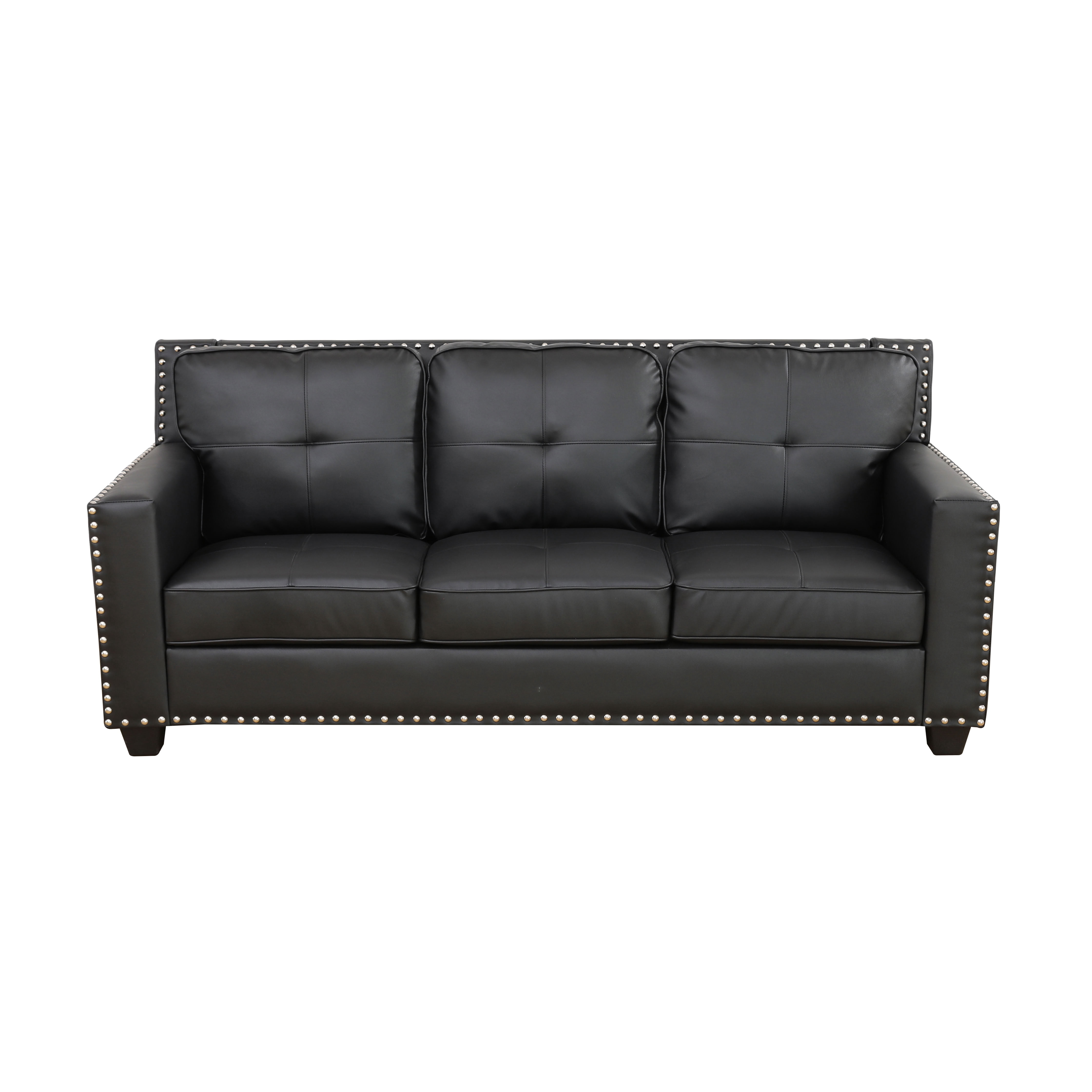 MAYEERTY Breathable Faux Leather 3-Seater Sofa, Reclining Couch with Nailhead Trim & Anti-Insect Frame for Living Room, Dark Grey