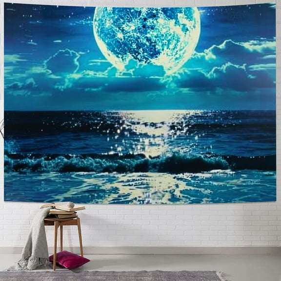 PRATYUS Wall Tapestry Moon Ocean Stars for Bedroom Wall Hanging Blue Queen Teal Turquoise Decor Ocean Sea Tapestries for Yoga Beach Picnic Blanket Painting