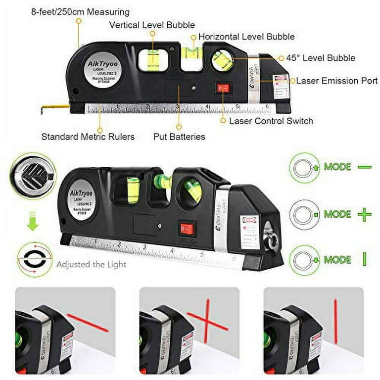 Laser Level Line Tool, Multipurpose Laser Level Kit Standard Cross Line  Laser leveler Beam Tool with Metric Rulers 8ft/2.5M for Picture Hanging