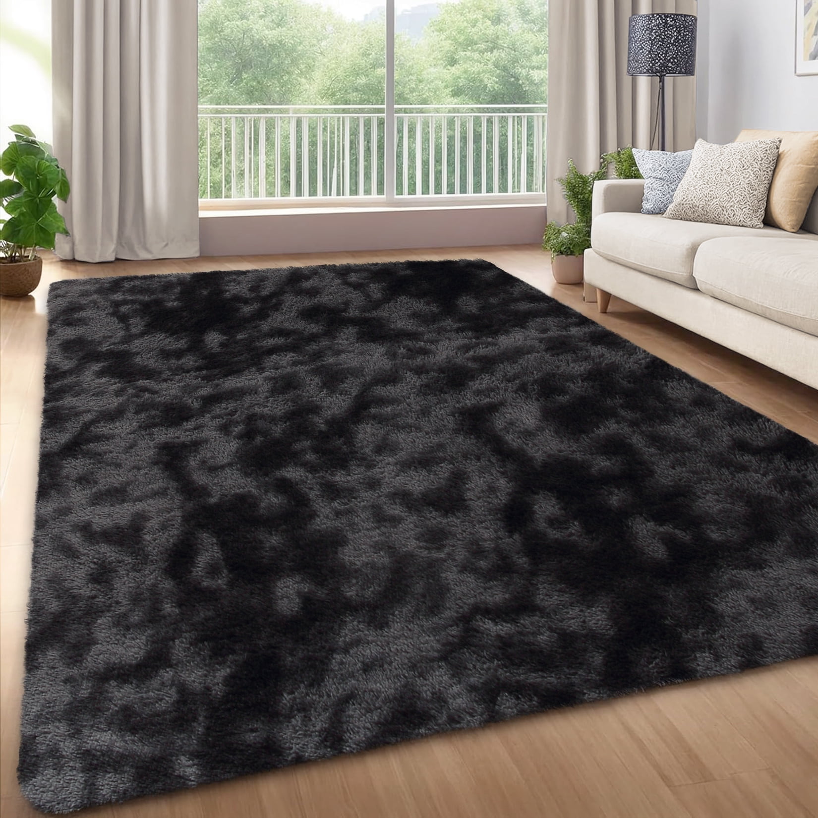 HOMERRY 9 x 12 Fluffy Area Rug for Bedroom, Fuzzy Shag Area Rug for Living Room Non-Skid Plush Large Rug Shaggy Decorative Accent Rug for Indoor Home Floor Carpet, Tie-dye Gray/Black