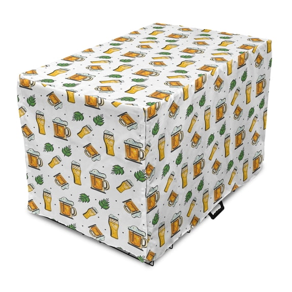 Beer Dog Crate Cover, Repetitive Demonstration of Drink Mugs and Glasses on a Plain Background, Easy to Use Pet Kennel Cover Small Dogs Puppies Kittens, 7 Sizes, White Earth Yellow Green, by Ambesonne