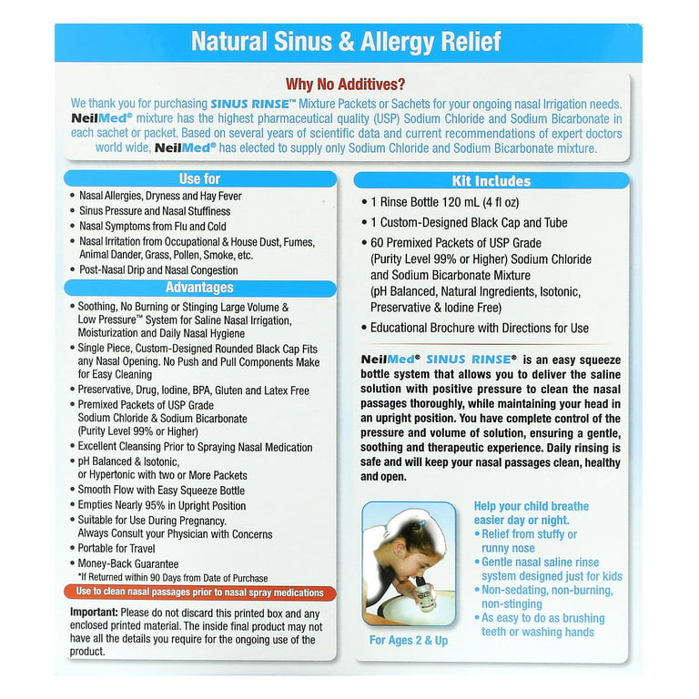 Neilmed's Sinus Rinse, Pediatric, Complete Saline Nasal Rinse Kit 60  Premixed Packets