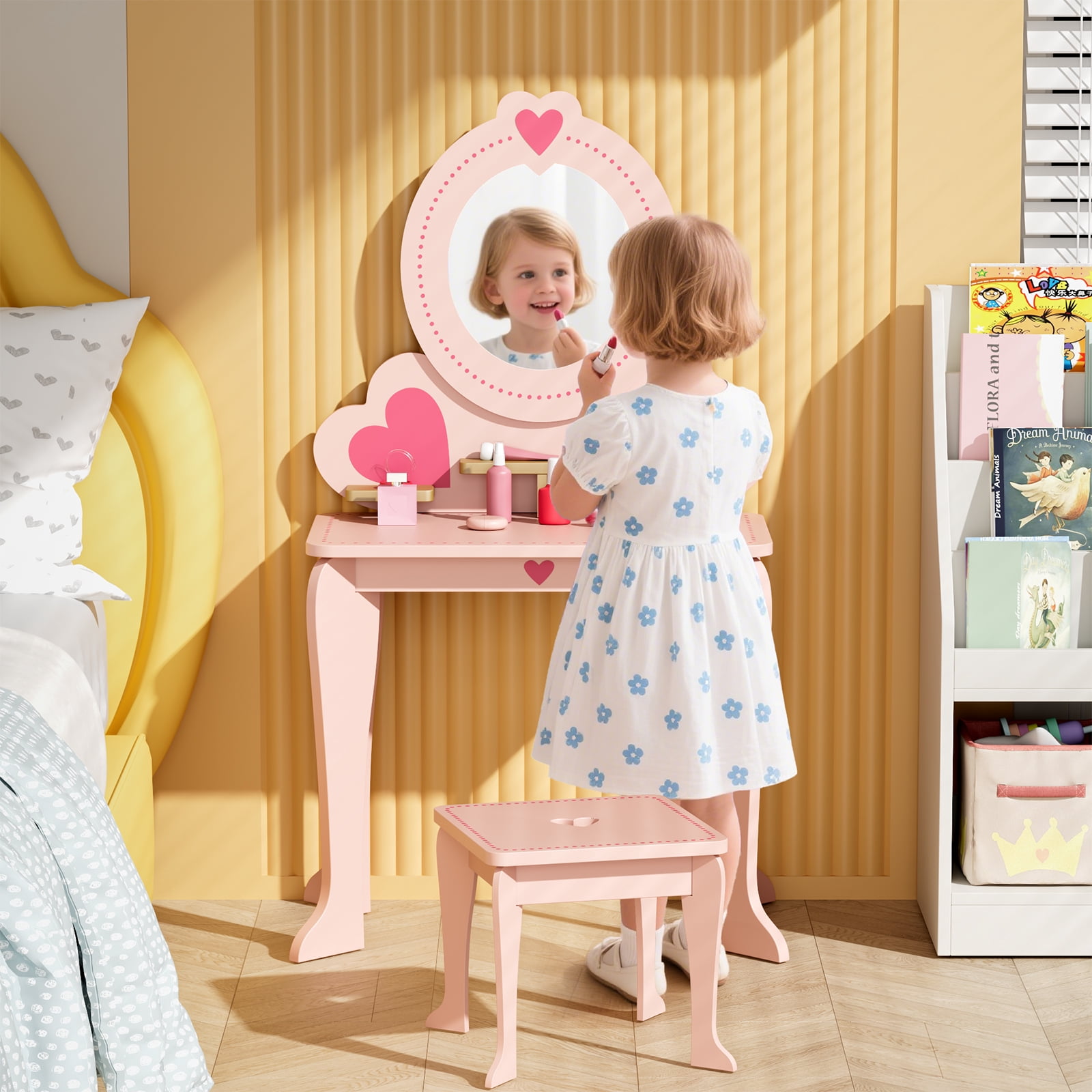 Pirecart Kids Vanity Makeup Table & Chair Set Make Up Stool Play Set for Children, Toddler Makeup Toy with 8 Pcs Accessories for Pretend Play, Pink